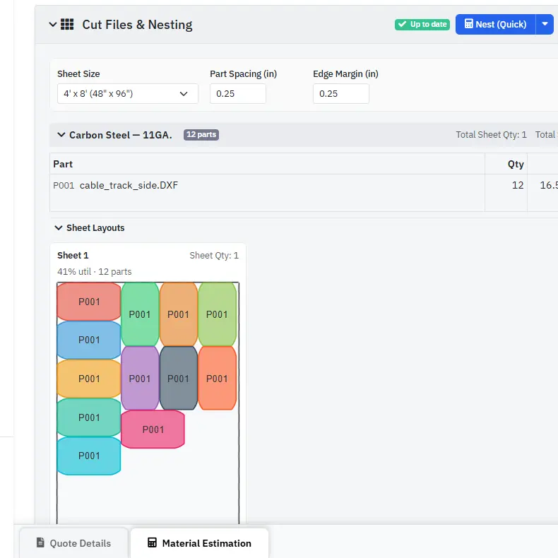 Nesting estimates with sheet layout calculations and DXF download