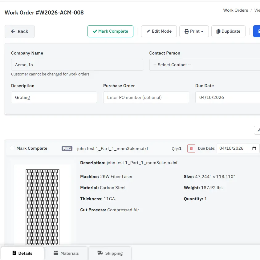 Work order management with job tracking and material orders